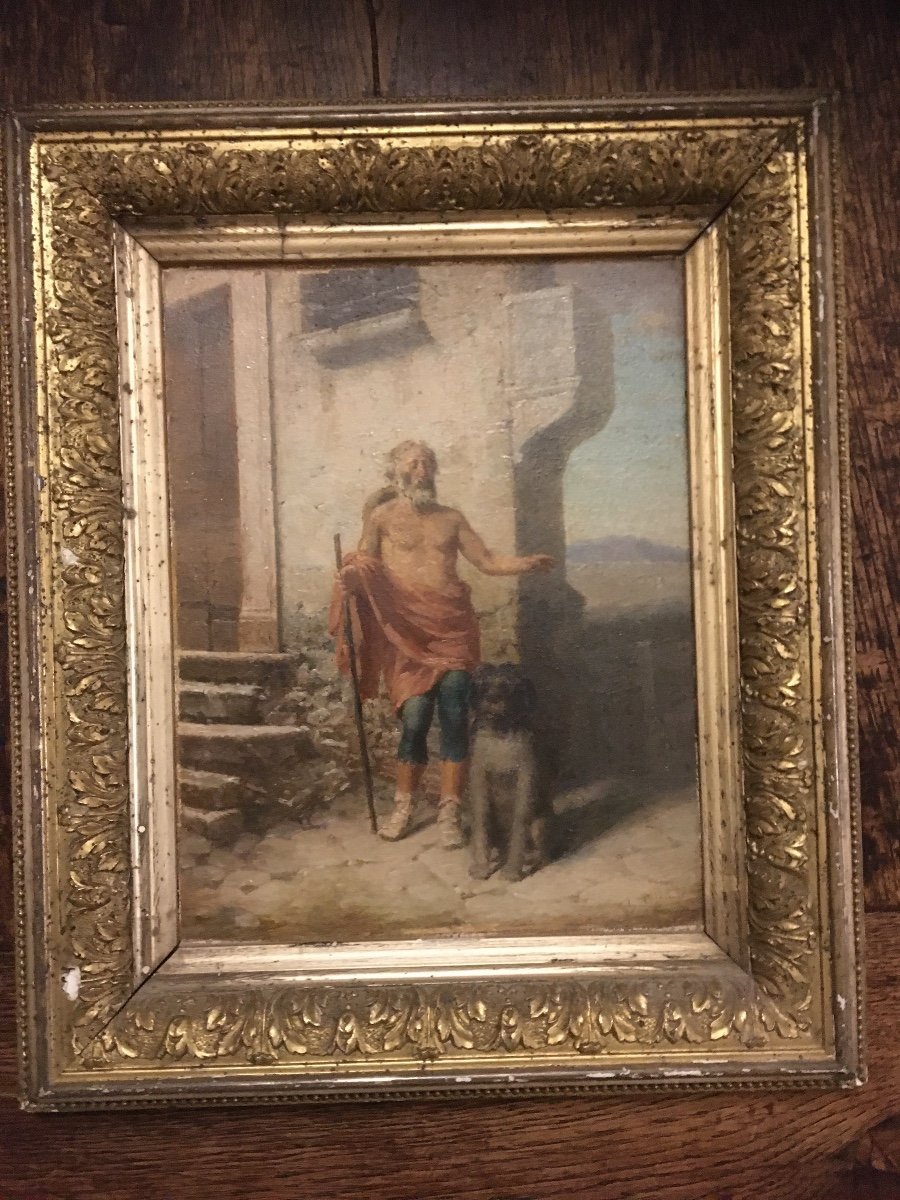 Painting Representing A Pilgrim Or A Beggar And His Dog. Oil On Cardboard